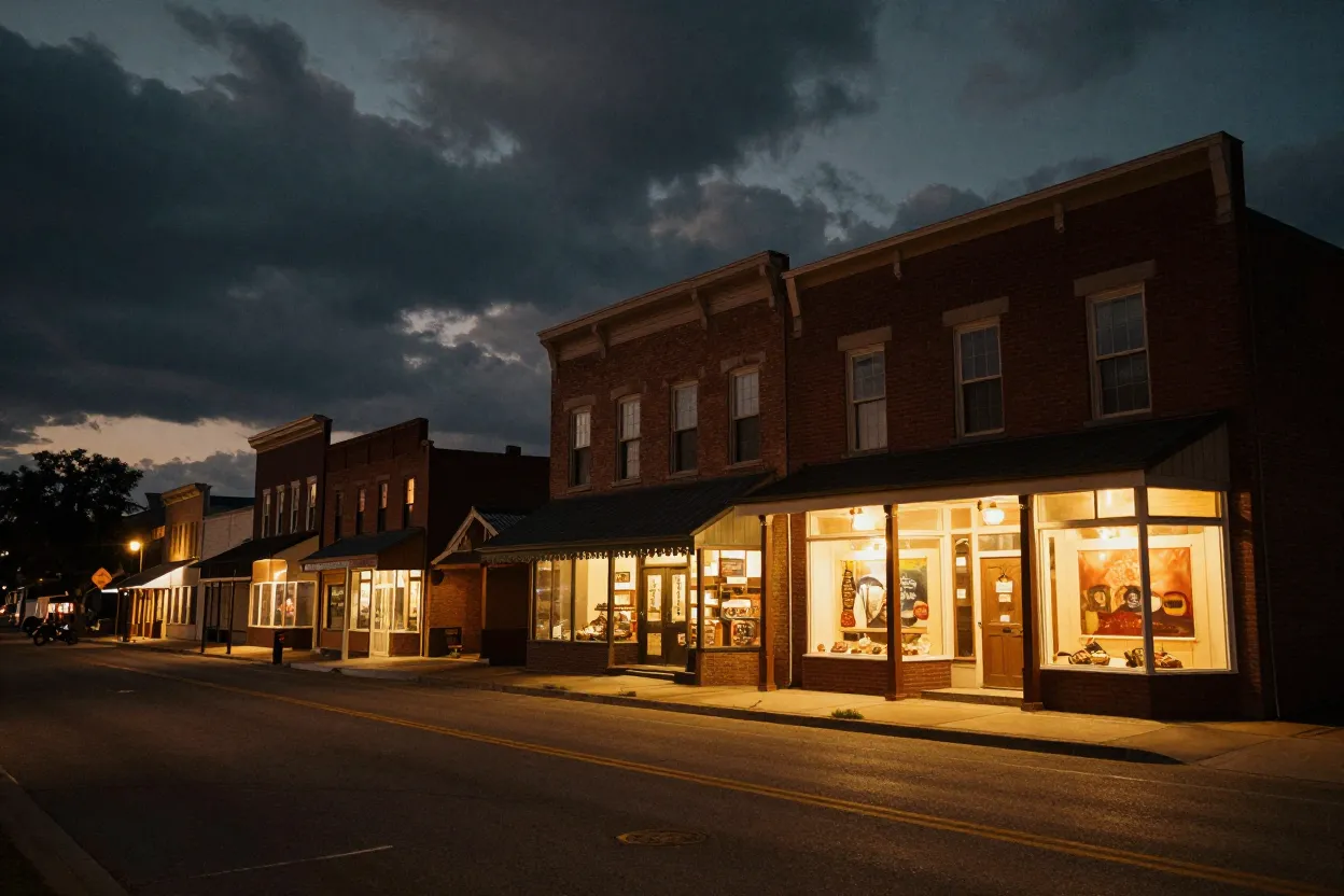 Small-town main street at dusk