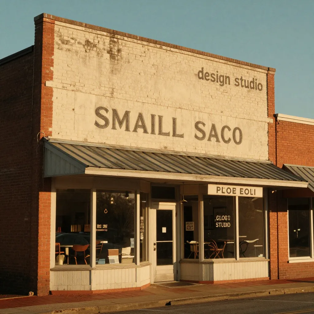 Small-town storefront at golden hour